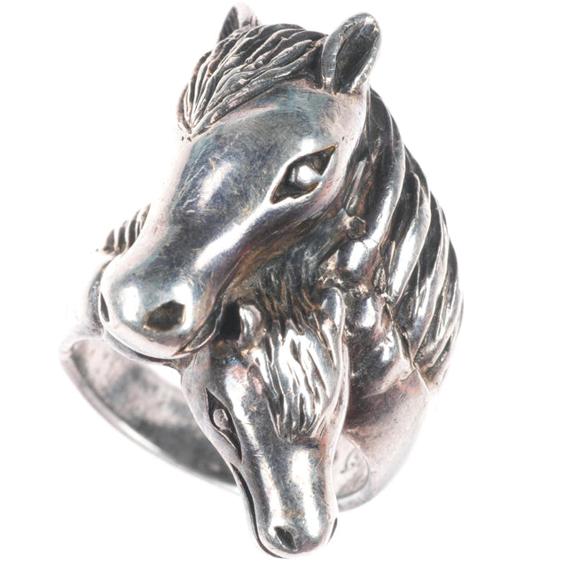 sz8 vintage southwestern sterling silver two horse heads size 8 ring