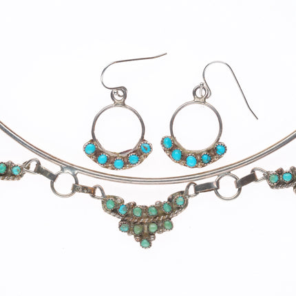 Vintage Zuni sterling silver snake eye turquoise earring and collar necklace set