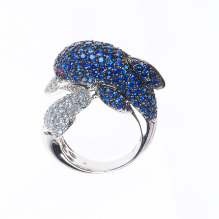 sz7 18k White Gold, Diamond, Ruby, Sapphire figural dolphin bypass ring