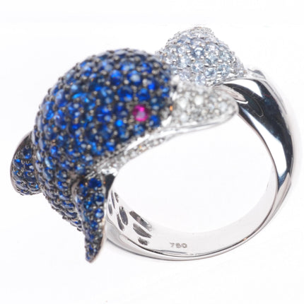sz7 18k White Gold, Diamond, Ruby, Sapphire figural dolphin bypass ring