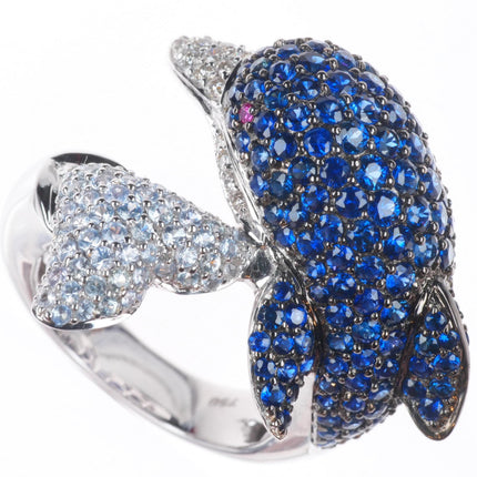 sz7 18k White Gold, Diamond, Ruby, Sapphire figural dolphin bypass ring