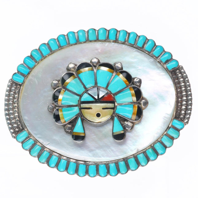 1.25" Vera Luna Zuni sterling silver shell/turquoise sunface/chief belt buckle