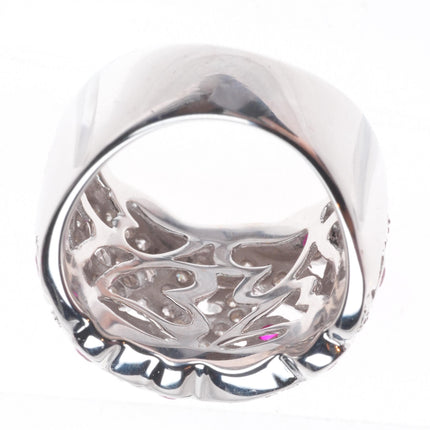 sz6 18k White Gold, Diamond, Ruby open scroll and lattice wide band ring