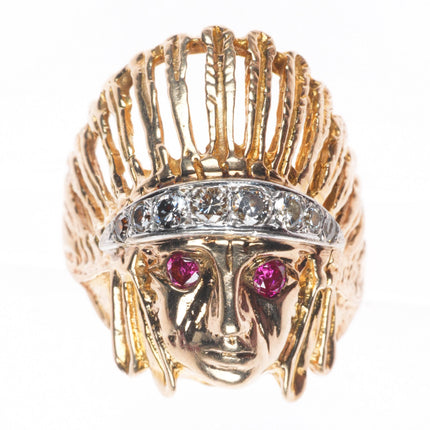 sz10 vintage 14k yellow gold diamond and ruby Indian Chief size 10 men's ring