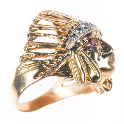 sz10 vintage 14k yellow gold diamond and ruby Indian Chief size 10 men's ring