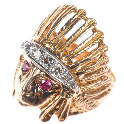sz10 vintage 14k yellow gold diamond and ruby Indian Chief size 10 men's ring