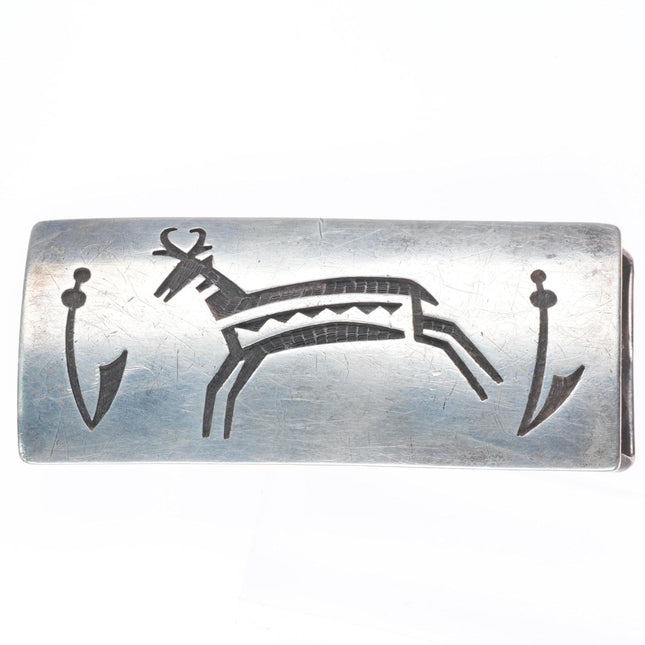 1" Emory Sekaquaptewa Hopi overlay deer/antelope belt buckle sterling silver
