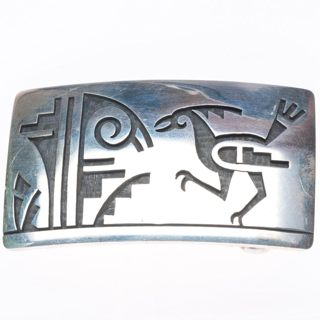 1" Hopi Overlay Roadrunner sterling silver belt buckle