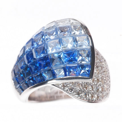 sz5 14k white gold Blue White Invisible Sapphire Diamond cocktail ring