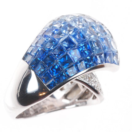 sz5 14k white gold Blue White Invisible Sapphire Diamond cocktail ring