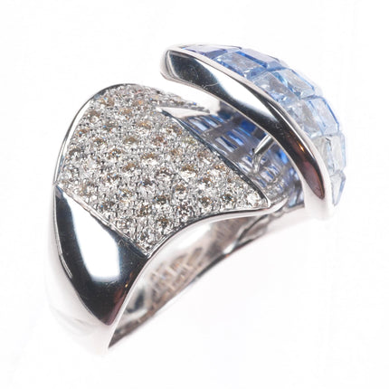 sz5 14k white gold Blue White Invisible Sapphire Diamond cocktail ring