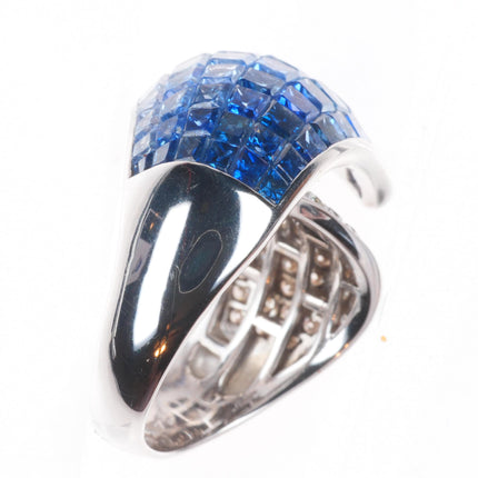 sz5 14k white gold Blue White Invisible Sapphire Diamond cocktail ring