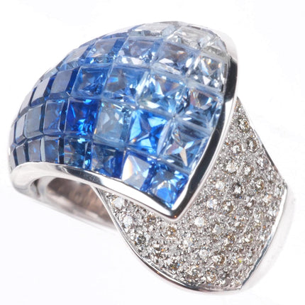 sz5 14k white gold Blue White Invisible Sapphire Diamond cocktail ring