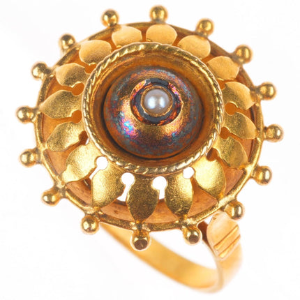 sz7.5 Antique 19k gold seed pearl ship's wheel form nautical  statement ring