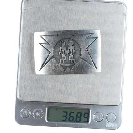 1.5" Raymond Kyasyousie Hopi overlay kachinas belt buckle sterling silver