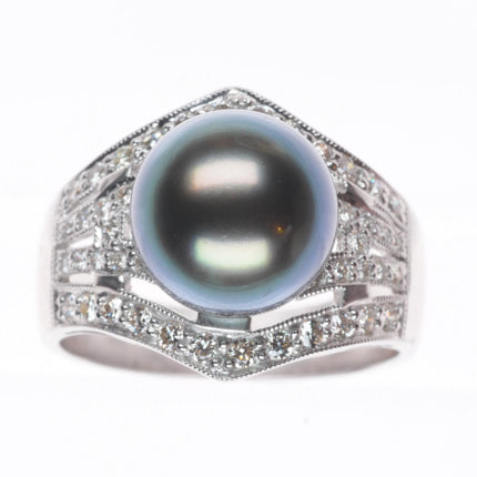 sz7 Estate 18k white gold, diamond, large Tahitian pearl cocktail ring