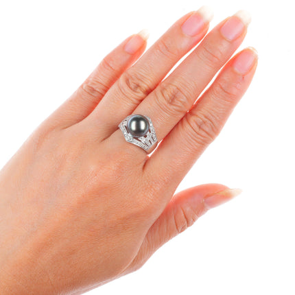 sz7 Estate 18k white gold, diamond, large Tahitian pearl cocktail ring