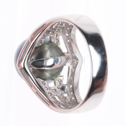 sz7 Estate 18k white gold, diamond, large Tahitian pearl cocktail ring