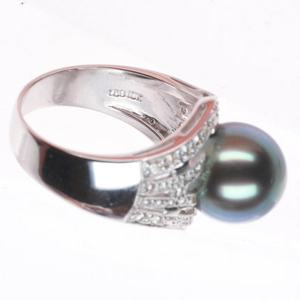 sz7 Estate 18k white gold, diamond, large Tahitian pearl cocktail ring