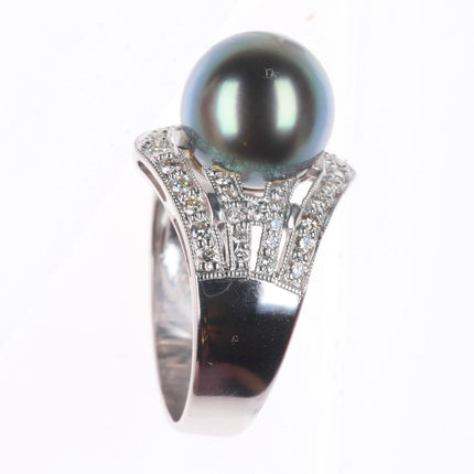 sz7 Estate 18k white gold, diamond, large Tahitian pearl cocktail ring