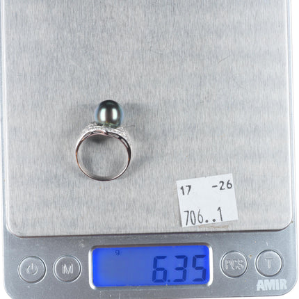sz7 Estate 18k white gold, diamond, large Tahitian pearl cocktail ring