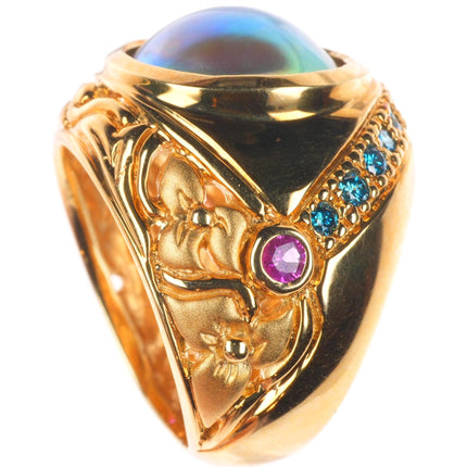 sz5.5 18k yellow gold, blue Diamond, Sapphire, mabe pearl cocktail ring