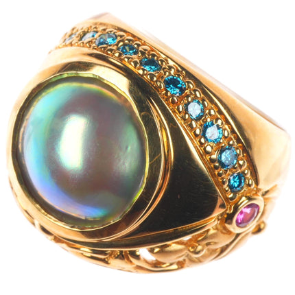 sz5.5 18k yellow gold, blue Diamond, Sapphire, mabe pearl cocktail ring