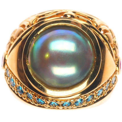 sz5.5 18k yellow gold, blue Diamond, Sapphire, mabe pearl cocktail ring