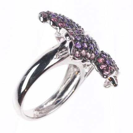 sz5 18k white gold pink Tourmaline and Purple Amethyst naturalistic leaf ring