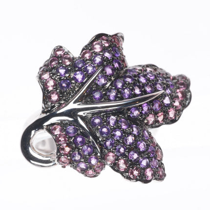sz5 18k white gold pink Tourmaline and Purple Amethyst naturalistic leaf ring