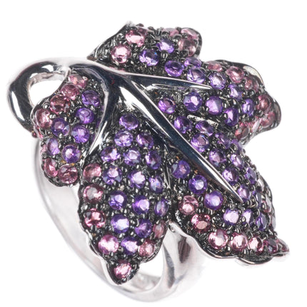 sz5 18k white gold pink Tourmaline and Purple Amethyst naturalistic leaf ring
