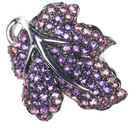 sz5 18k white gold pink Tourmaline and Purple Amethyst naturalistic leaf ring
