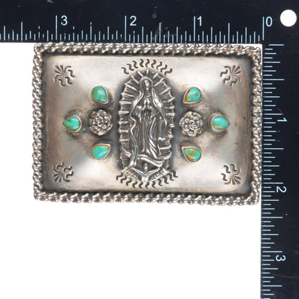 1.5" Juan Willie Navajo Virgin de Guadalupe sterling and turquoise belt buckle