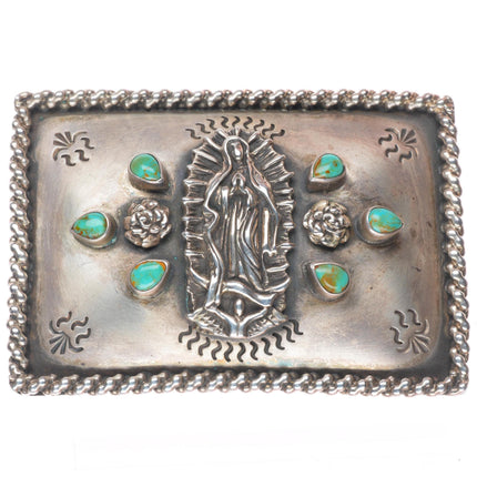 1.5" Juan Willie Navajo Virgin de Guadalupe sterling and turquoise belt buckle