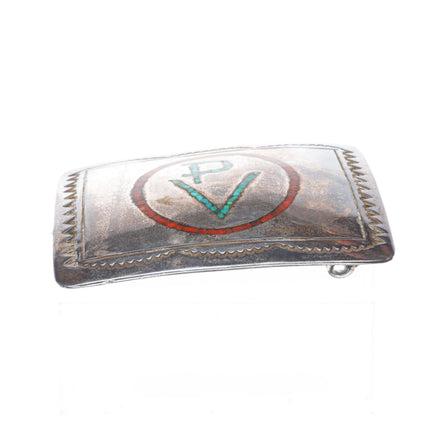 1.5" vintage Navajo chip inlay sterling silver ranch brand belt buckle