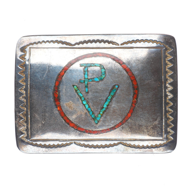 1.5" vintage Navajo chip inlay sterling silver ranch brand belt buckle