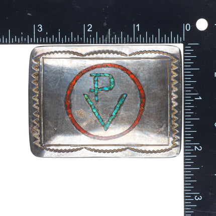 1.5" vintage Navajo chip inlay sterling silver ranch brand belt buckle