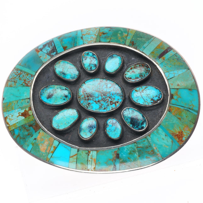 1.5" Vintage Navajo intarsia inlay turquoise cluster sterling silver belt buckle