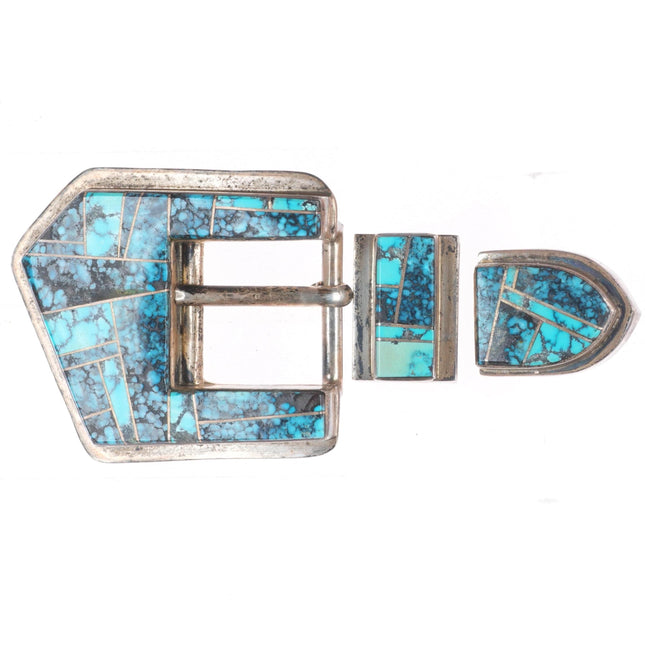 3/4" Vintage Navajo spiderweb turquoise sterling silver ranger belt buckle set
