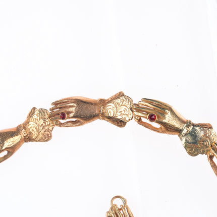 8.5" Antique 9k gold ruby hands link bracelet/fob/anklet