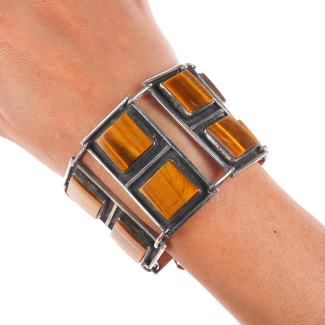 7" vintage modernist sterling silver tiger's eye link bracelet/clip earrings