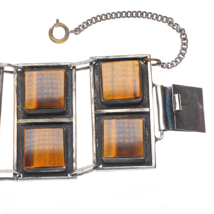 7" vintage modernist sterling silver tiger's eye link bracelet/clip earrings