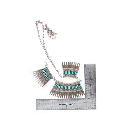 18" vintage H Hattie Zuni sterling silver needlepoint turquoise bib necklace