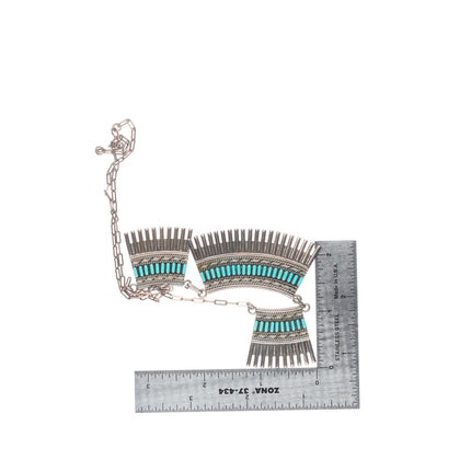 18" vintage H Hattie Zuni sterling silver needlepoint turquoise bib necklace