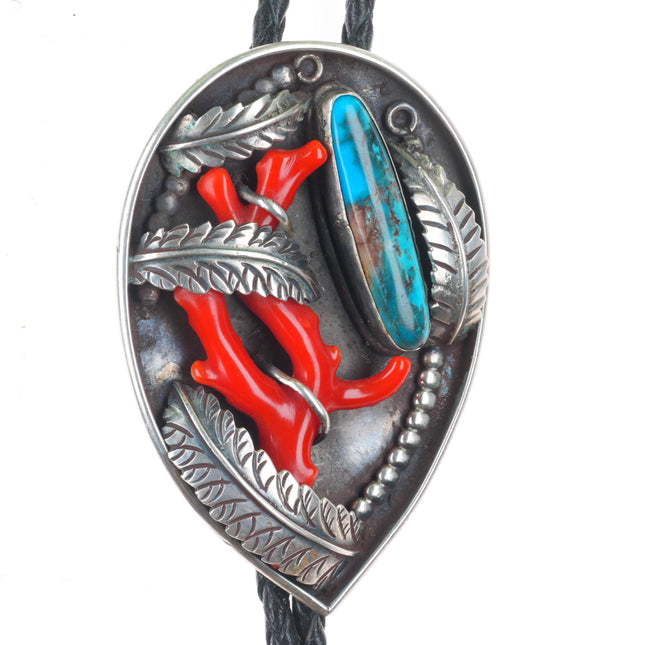 William Singer Navajo Bisbee Turquoise branch coral sterling silver bolo tie