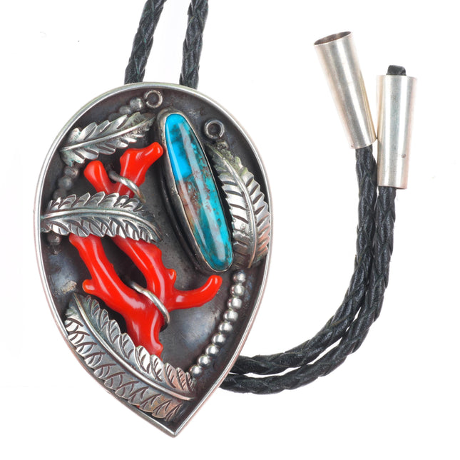 William Singer Navajo Bisbee Turquoise branch coral sterling silver bolo tie