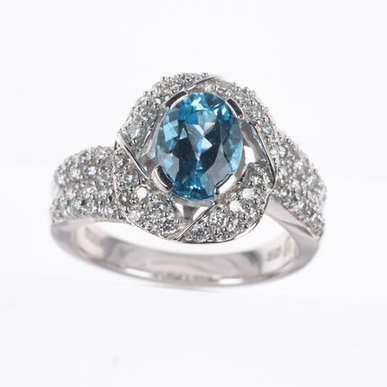 sz5 14k white gold Diamond shank ring with 2ct blue topaz