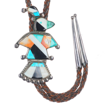 40's-50's Zuni sterling silver turquoise/spiny oyster thunderbird inlay bolo tie