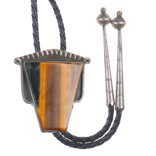 vintage tiger's eye sterling silver bolo tie with incredible Navajo tips