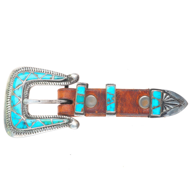 3/4" c1950 vintage Zuni sterling silver inlay turquoise ranger belt buckle set